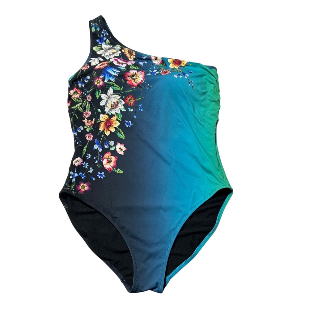 Johnny Was XXL One Shoulder Floral Ombre One Piece Swimsuit CSW7323-Y Teal Black